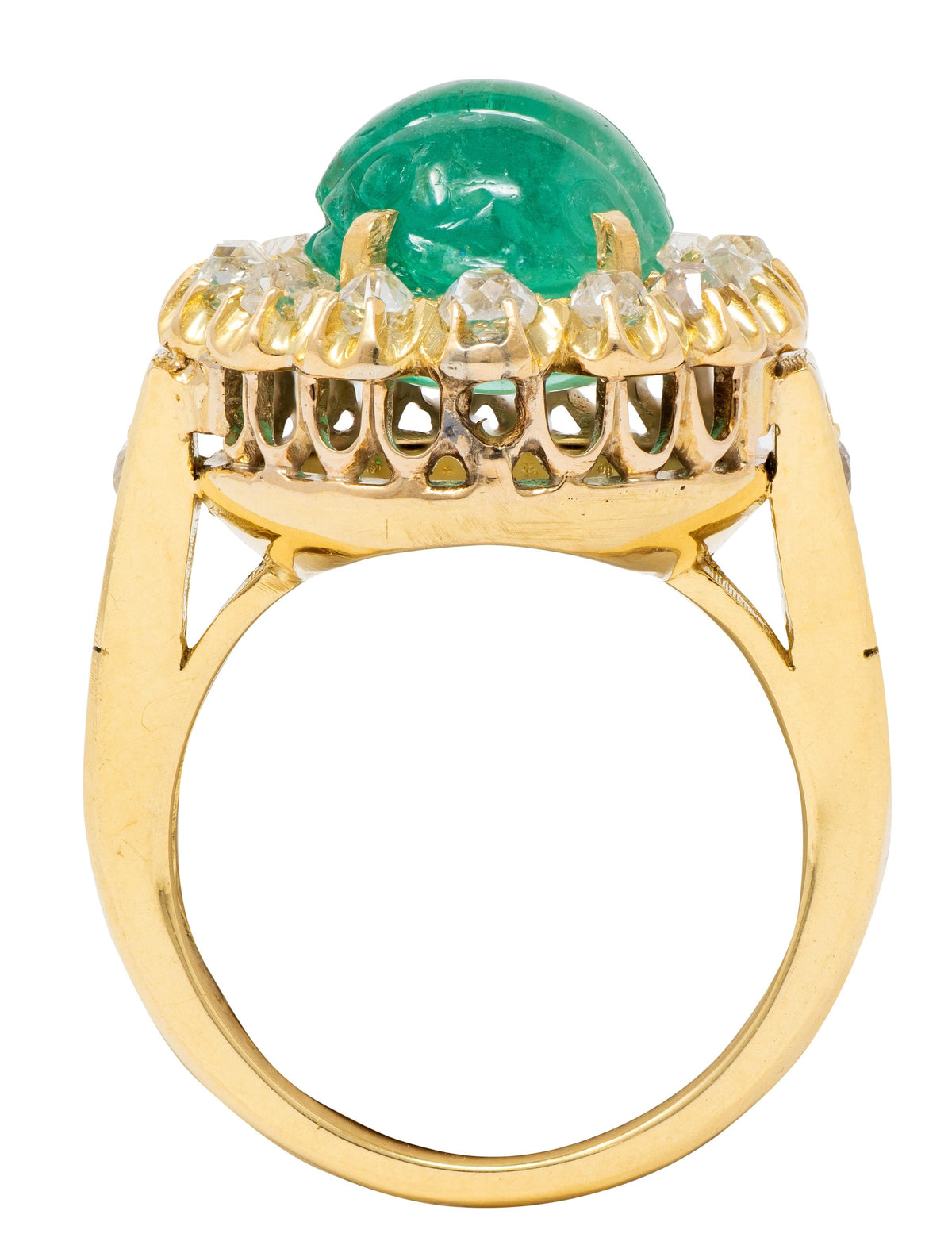 Vintage Egyptian Revival Emerald Diamond 18K Yellow Gold Scarab Halo Ring