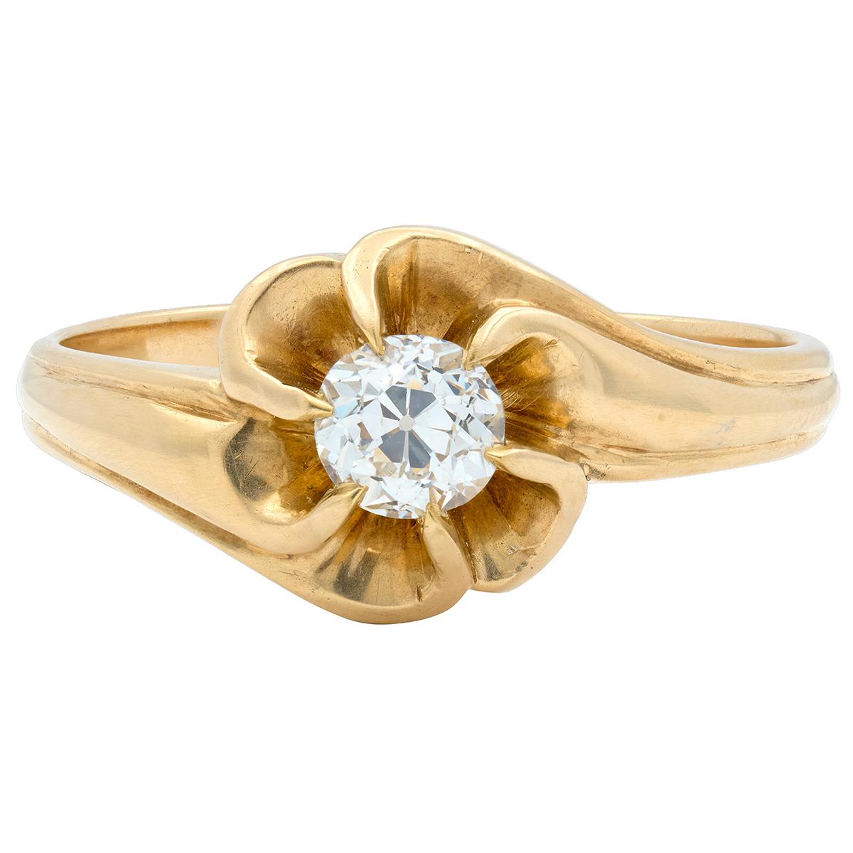 1960's Old Mine Cut Diamond 14 Karat Yellow Gold Vintage Belcher Engagement Ring