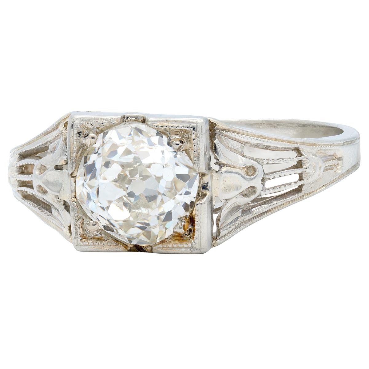 Art Deco Old Mine Diamond 18 Karat White Gold Antique Lotus Engagement Ring GIA