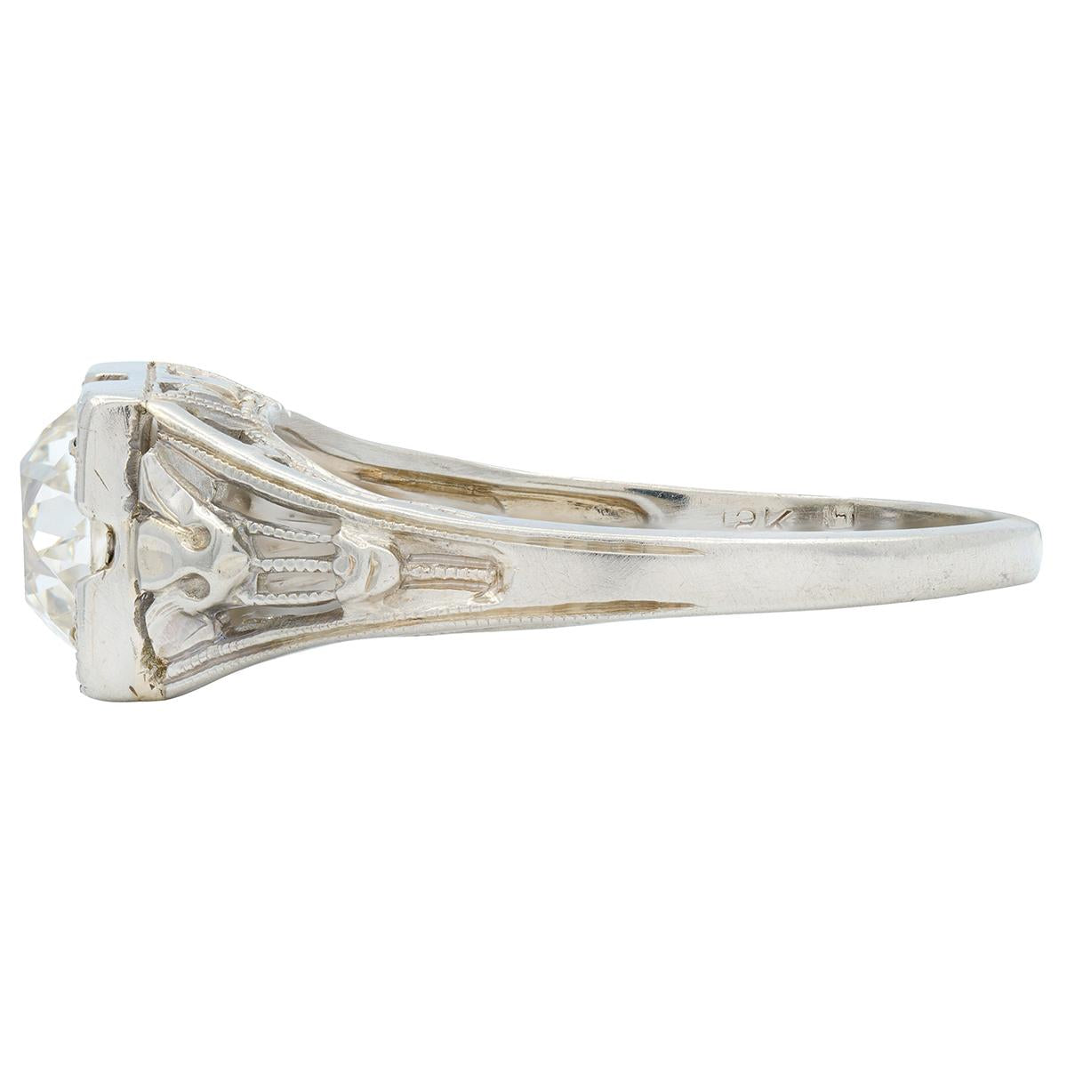 Art Deco Old Mine Diamond 18 Karat White Gold Antique Lotus Engagement Ring GIA