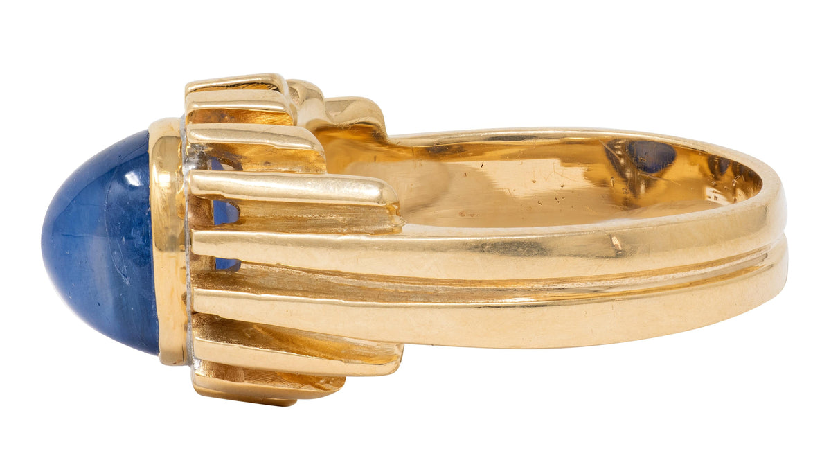 1980's 6.55 Carat Blue Sapphire 14 Karat Yellow Gold Vintage Grooved Unisex Ring