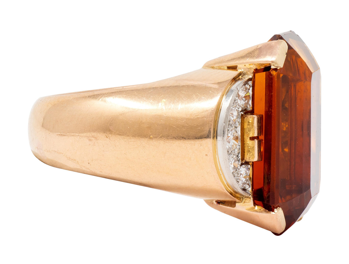 French 1939 Citrine Diamond 18 Karat Rose Gold Platinum Vintage Cocktail Ring