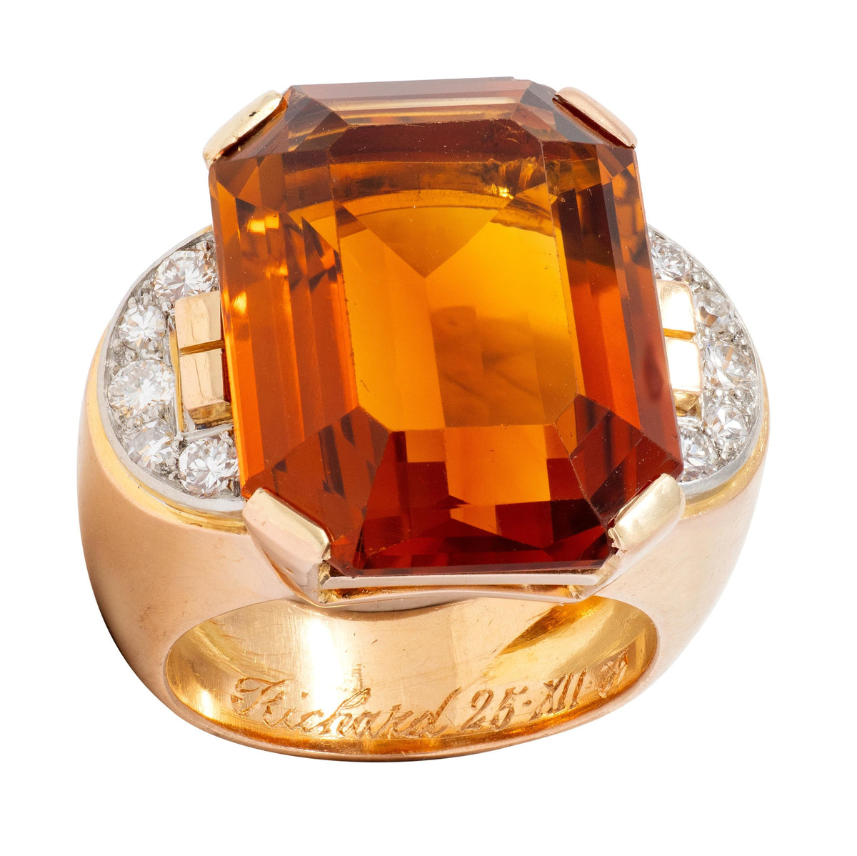 French 1939 Citrine Diamond 18 Karat Rose Gold Platinum Vintage Cocktail Ring