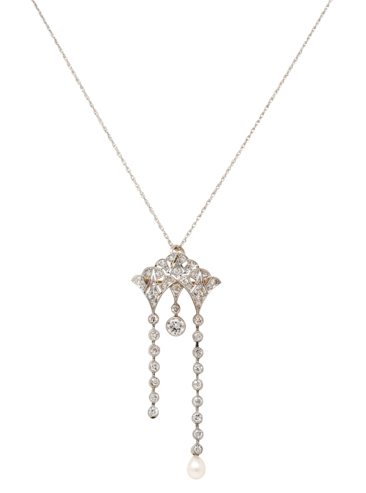 Edwardian Diamond Pearl 14K Gold Platinum Antique Fan Brooch Pendant Necklace