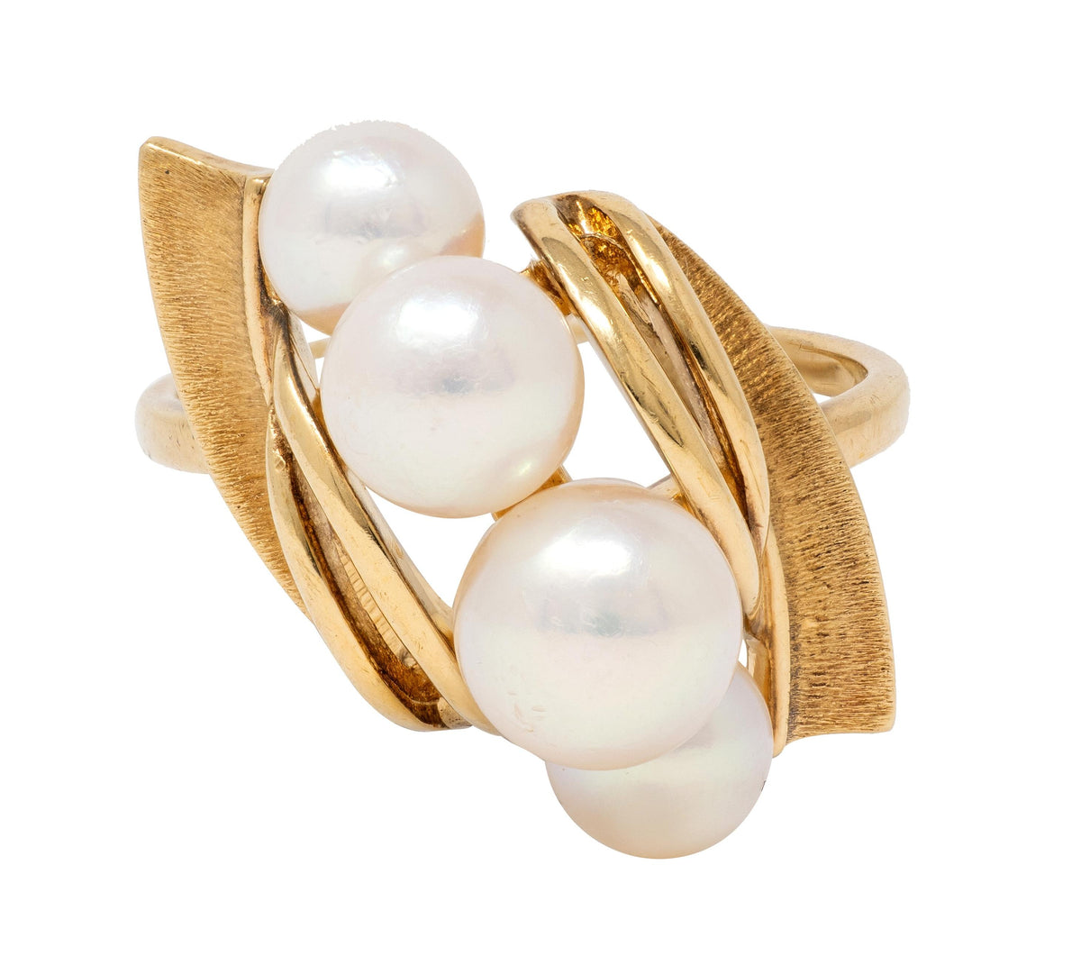 Mikimoto Retro Pearl 14 Karat Yellow Gold Vintage Modernist Ribbon Ring