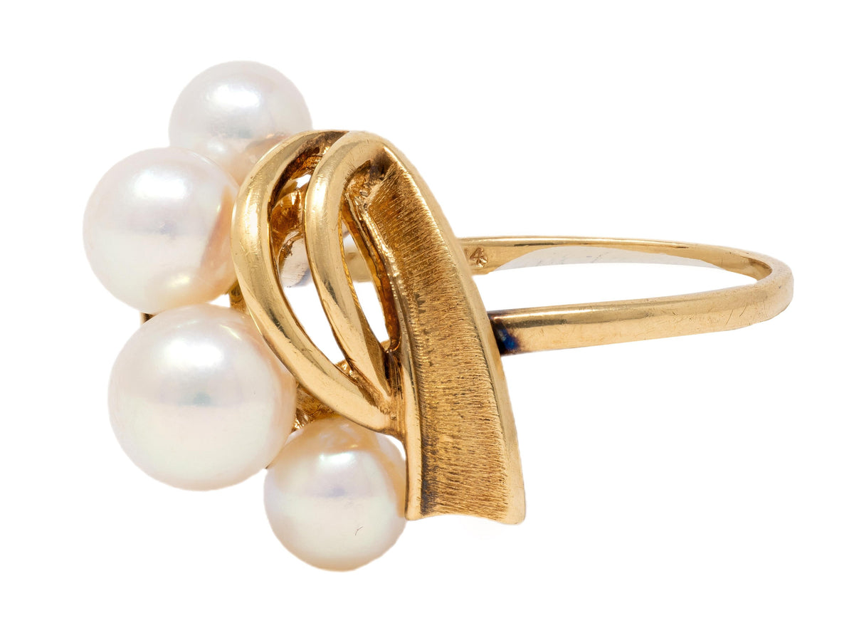 Mikimoto Retro Pearl 14 Karat Yellow Gold Vintage Modernist Ribbon Ring