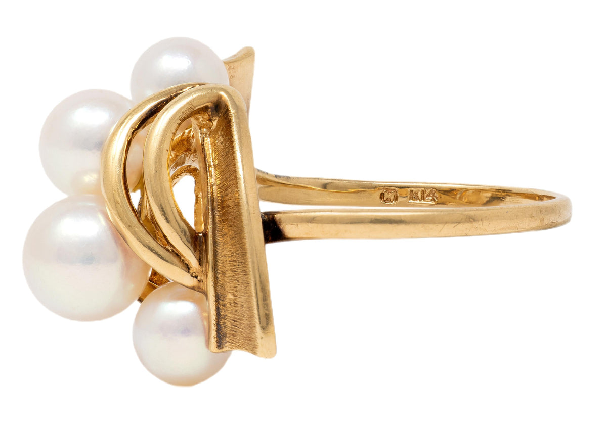 Mikimoto Retro Pearl 14 Karat Yellow Gold Vintage Modernist Ribbon Ring