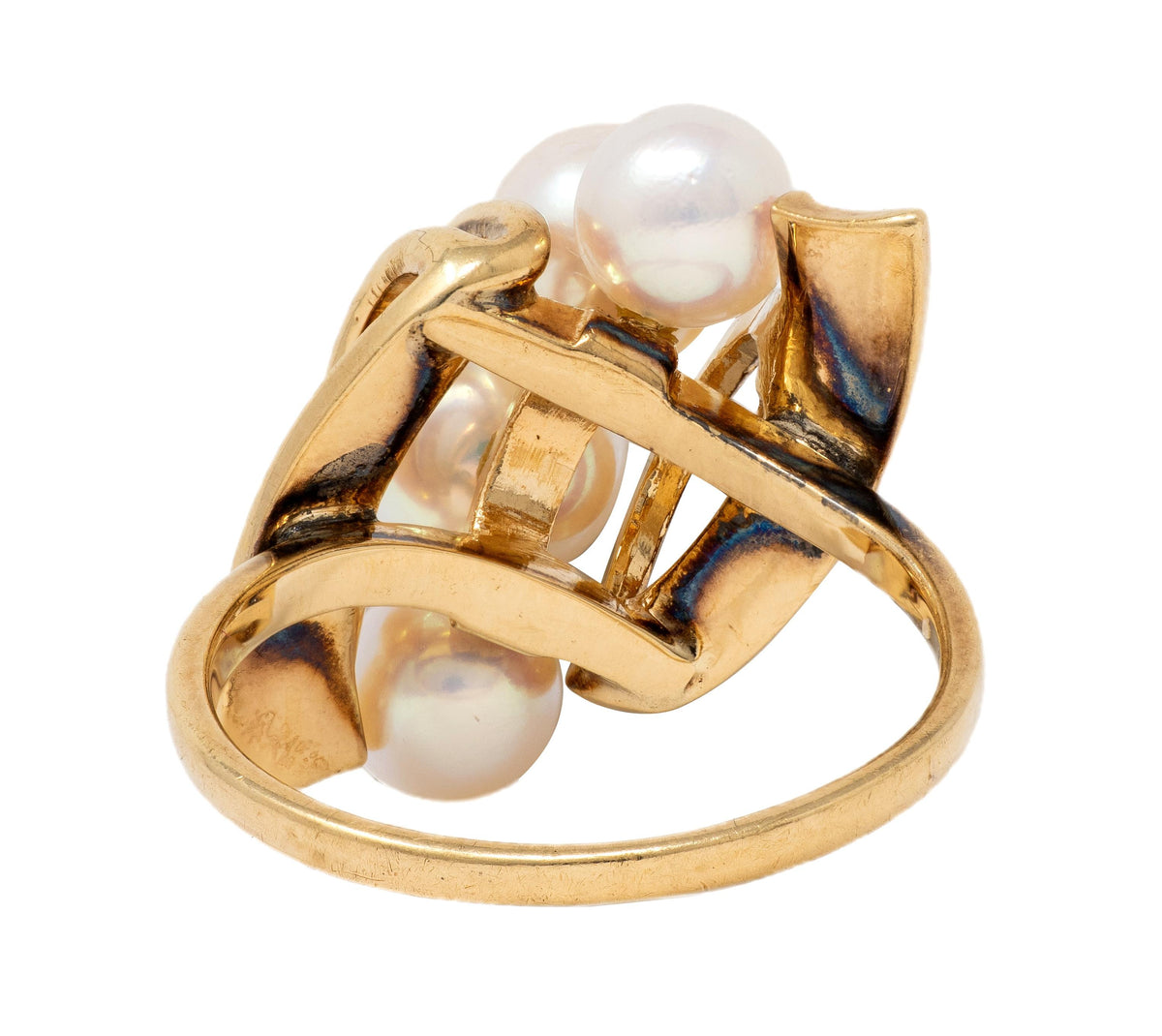 Mikimoto Retro Pearl 14 Karat Yellow Gold Vintage Modernist Ribbon Ring