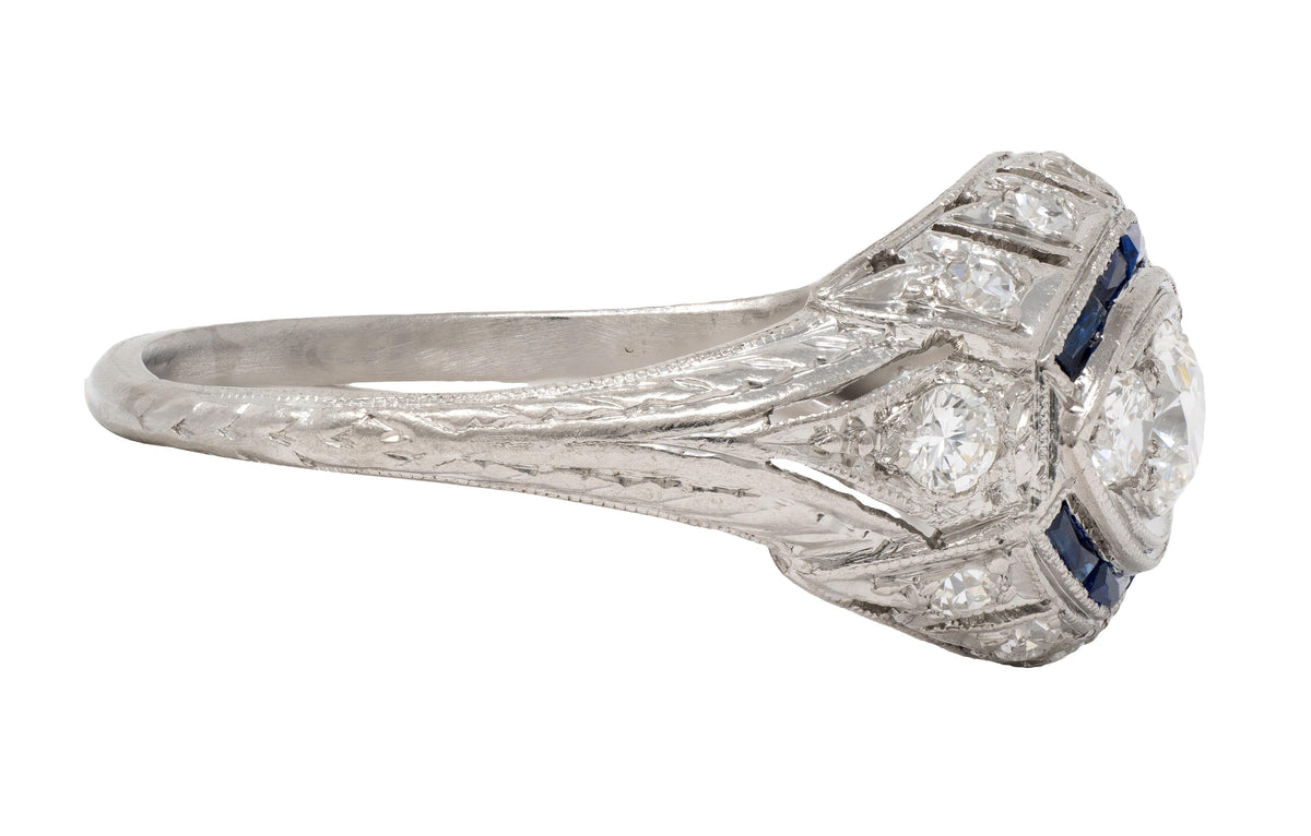 Katz Ogush Art Deco European Diamond Platinum Vintage Foliate Bombé Dinner Ring