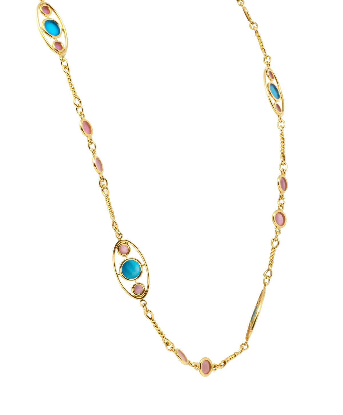 1980's Plique-Á-Jour Enamel 18K Yellow Gold Vintage Fancy Link Station Necklace