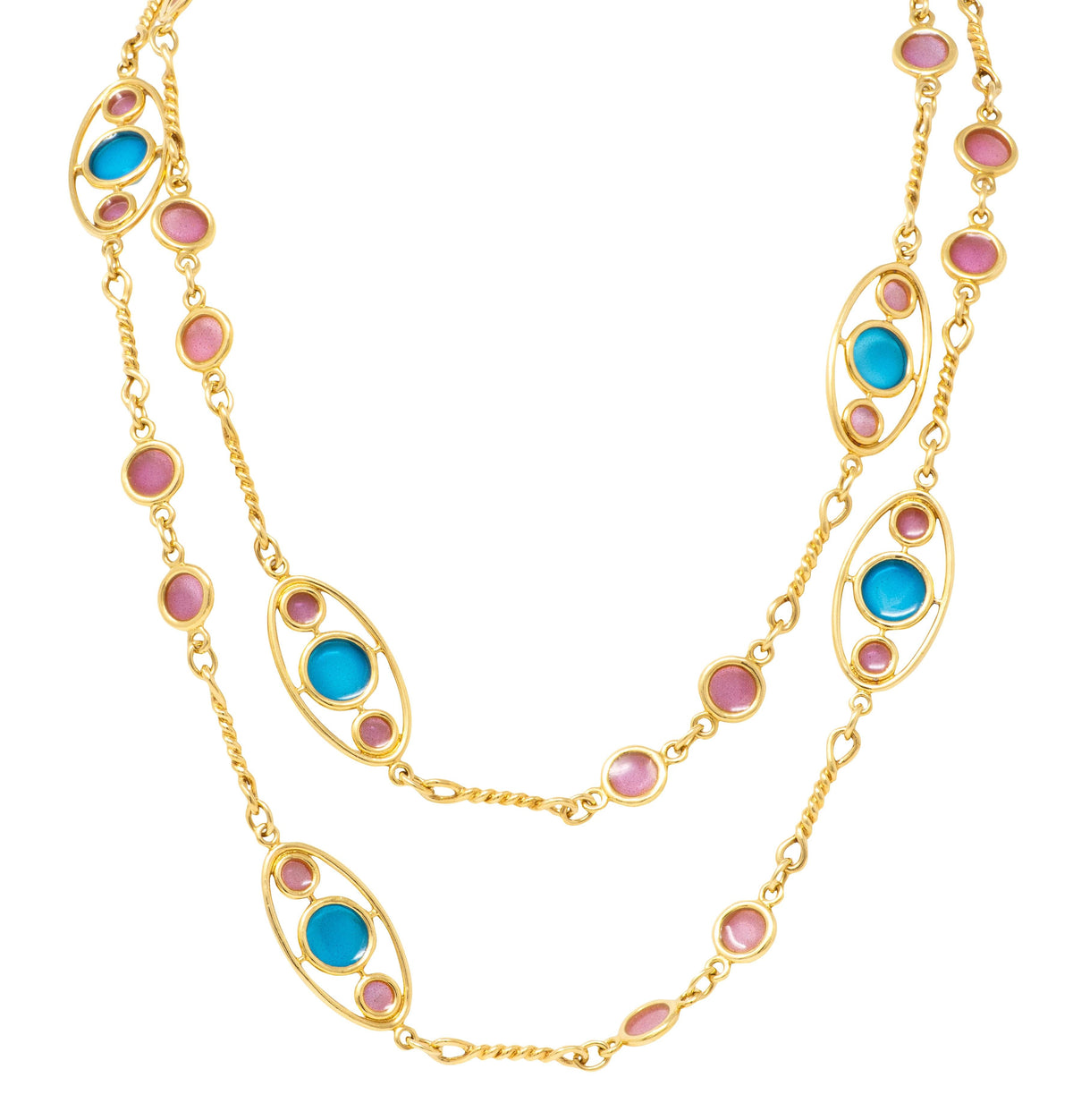 1980's Plique-Á-Jour Enamel 18K Yellow Gold Vintage Fancy Link Station Necklace