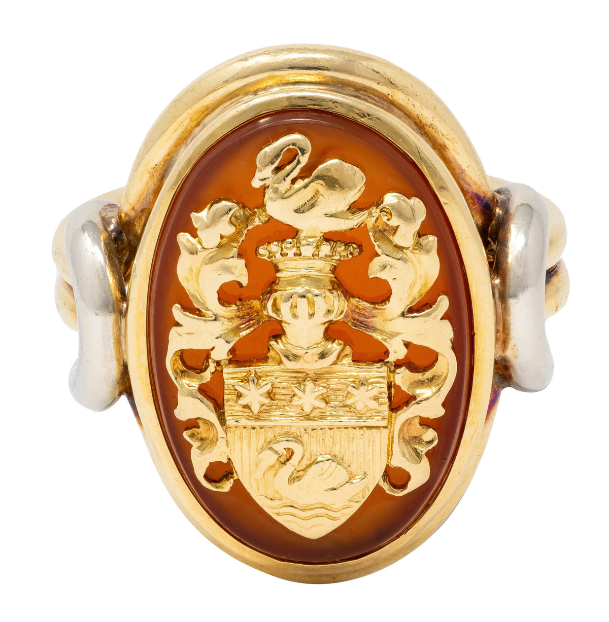 Edwardian Carnelian 18 Karat Two-Tone Gold Antique Heraldic Crest Signet Ring