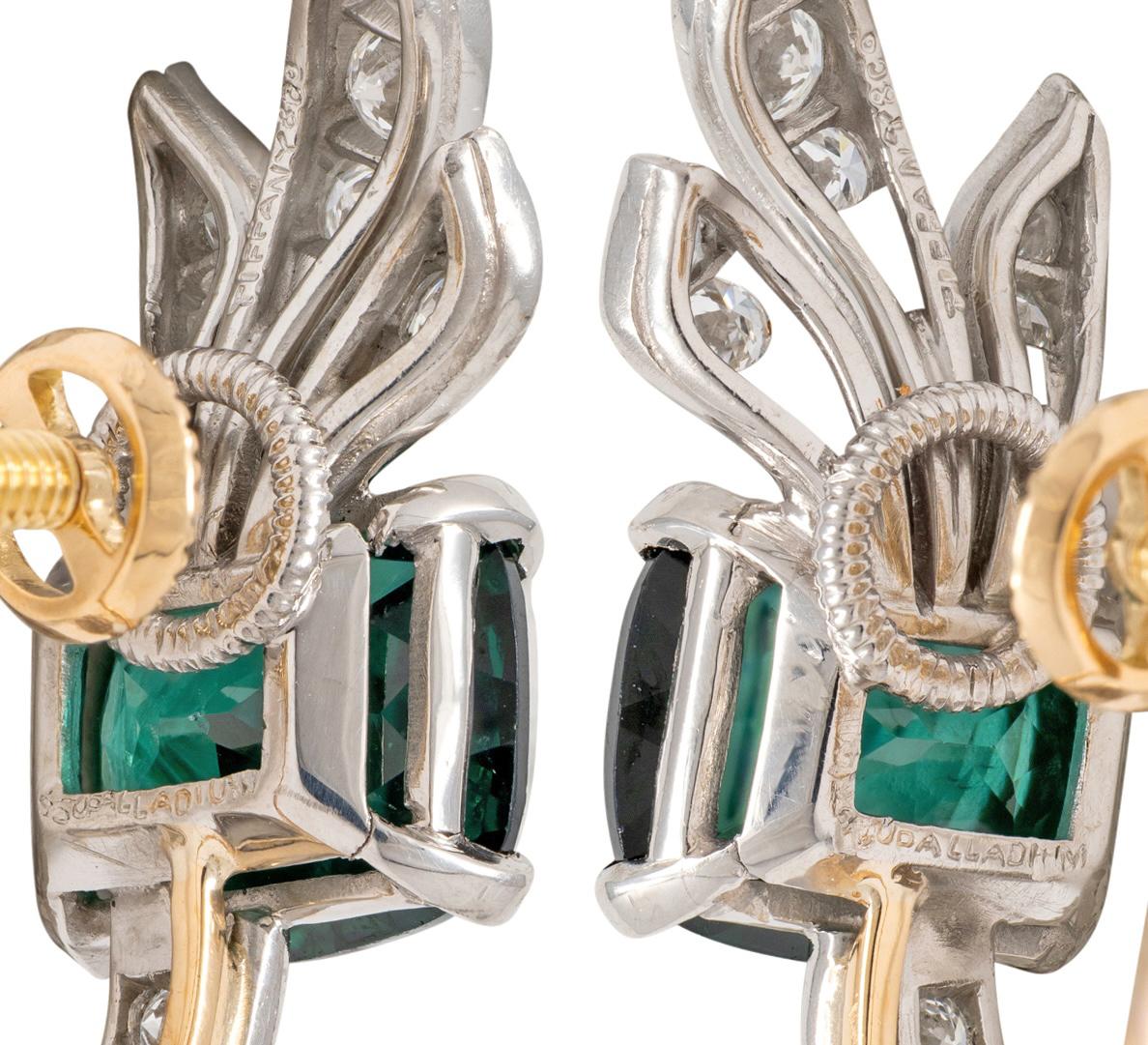 Tiffany & Co. 1940's Tourmaline Diamond Platinum 18 Karat Gold Vintage Earrings