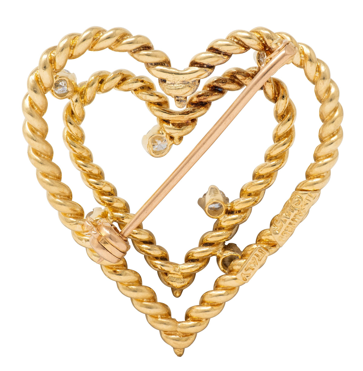 Tiffany & Co. 1960's Diamond 18 Karat Gold Vintage Twisted Rope Heart Brooch