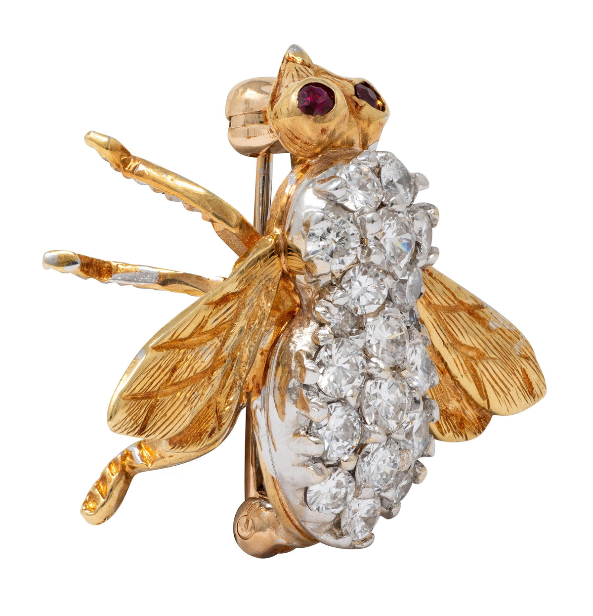 2000's 1.30 CTW Diamond Ruby 18 Karat Yellow Gold Contemporary Bee Brooch