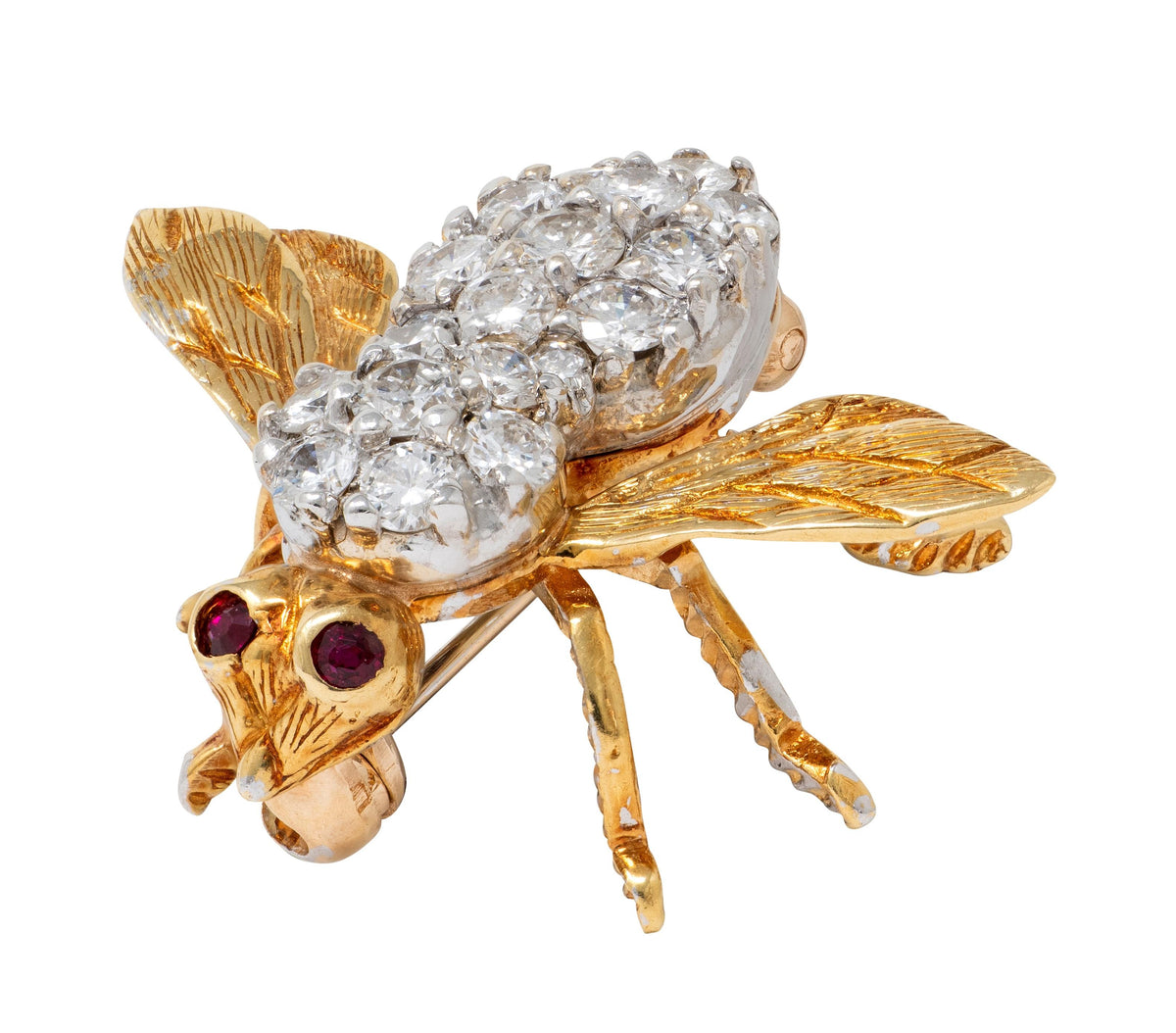 2000's 1.30 CTW Diamond Ruby 18 Karat Yellow Gold Contemporary Bee Brooch
