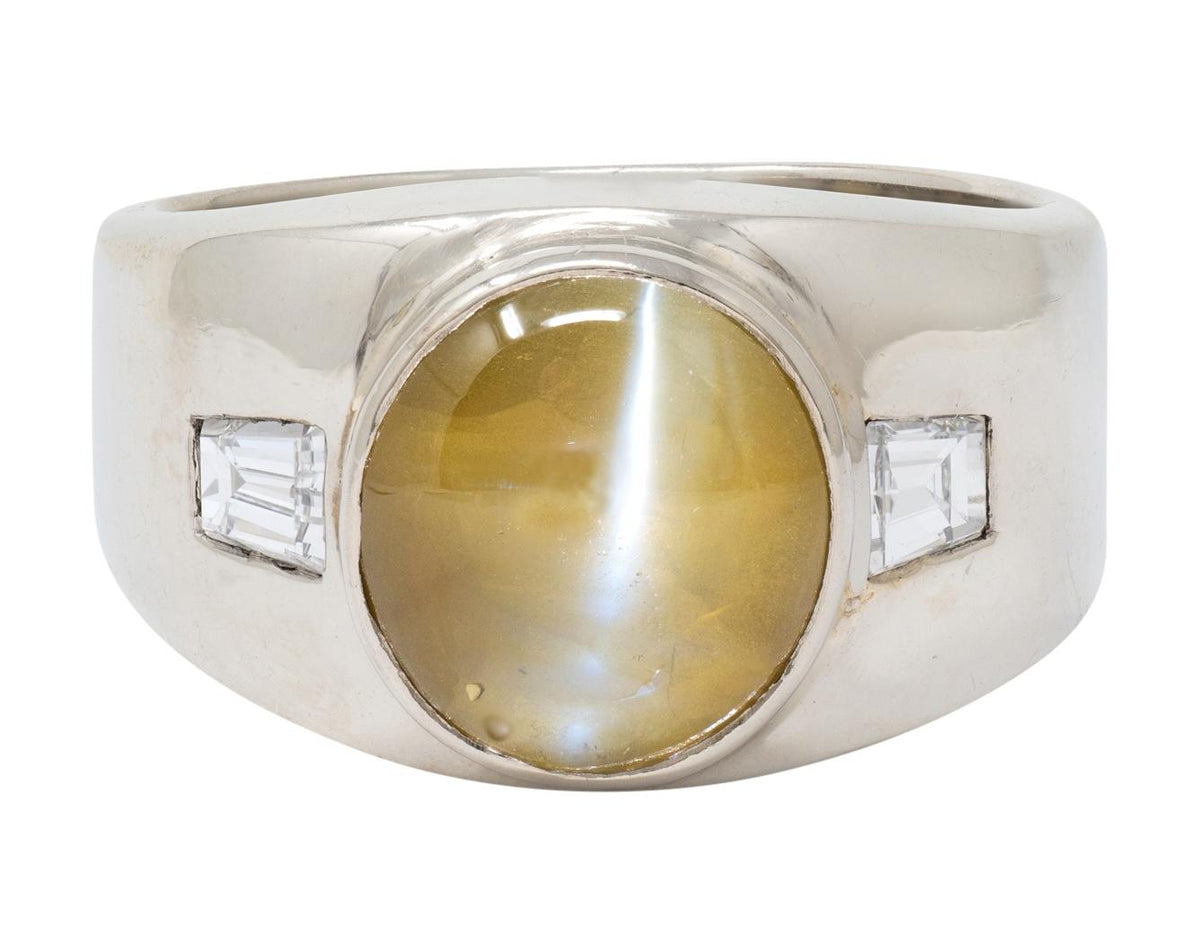 1960's Cat's Eye Chrysoberyl Diamond 14 Karat White Gold Three Unisex Stone Ring