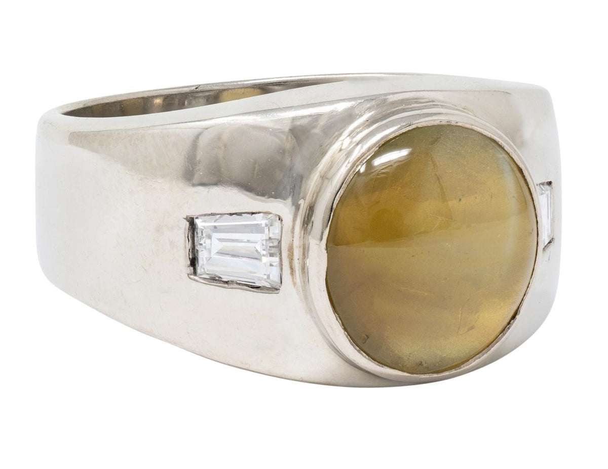 1960's Cat's Eye Chrysoberyl Diamond 14 Karat White Gold Three Unisex Stone Ring