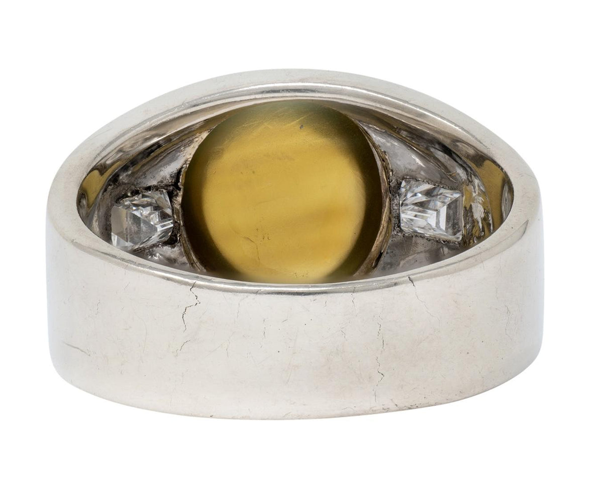 1960's Cat's Eye Chrysoberyl Diamond 14 Karat White Gold Three Unisex Stone Ring