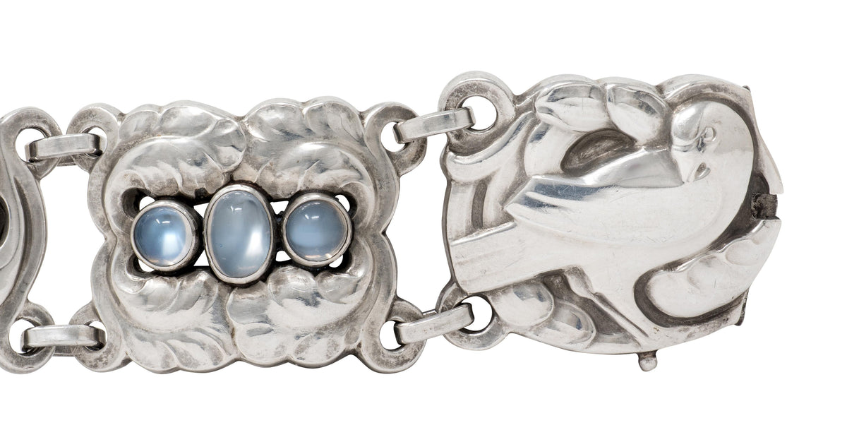 Georg Jensen Moonstone Sterling Silver Vintage Dove Link Bracelet No. 14