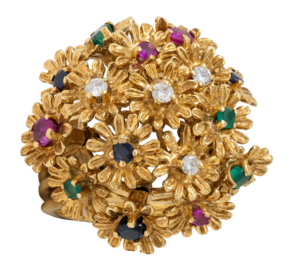 1960's Multi-Gem 18 Karat Yellow Gold Vintage En Tremblant Flower Ring