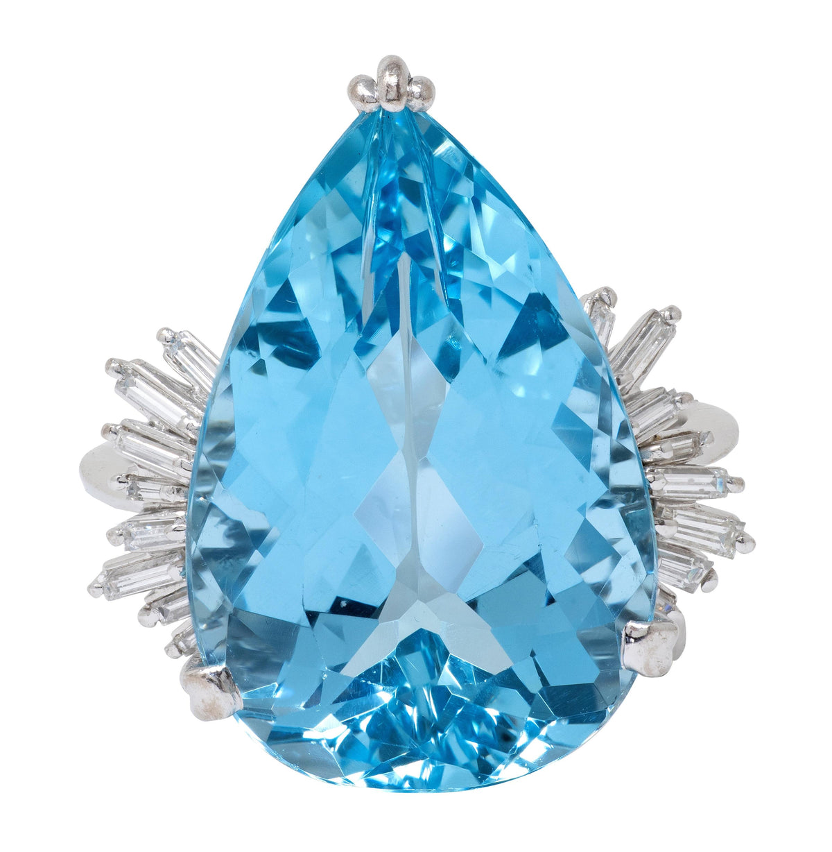 Mid-Century Diamond Aquamarine 18 Karat White Gold Vintage Spray Cocktail Ring