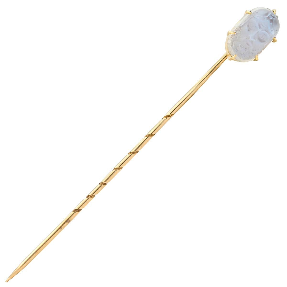 Victorian Carved Cameo Moonstone 14 Karat Yellow Gold Antique Warrior Stickpin