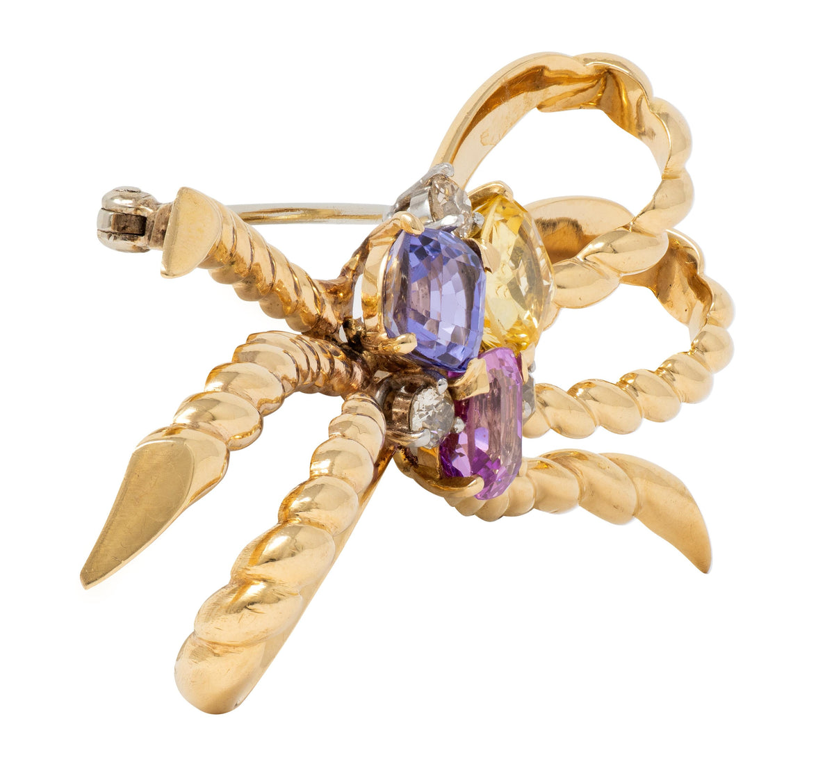 1960's Diamond Sapphire 14K Yellow Gold Platinum Vintage Twisted Bow Brooch