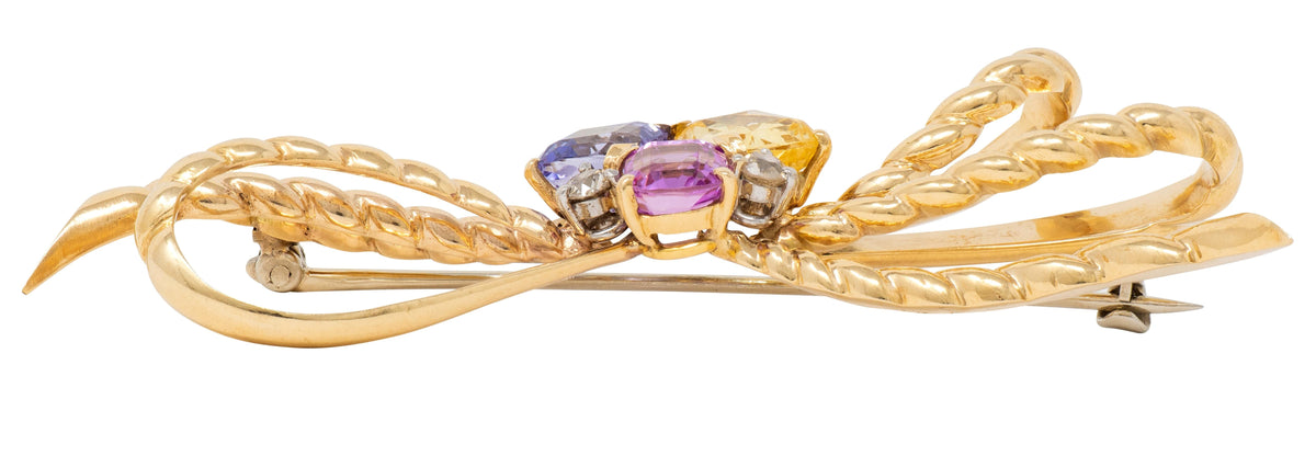 1960's Diamond Sapphire 14K Yellow Gold Platinum Vintage Twisted Bow Brooch