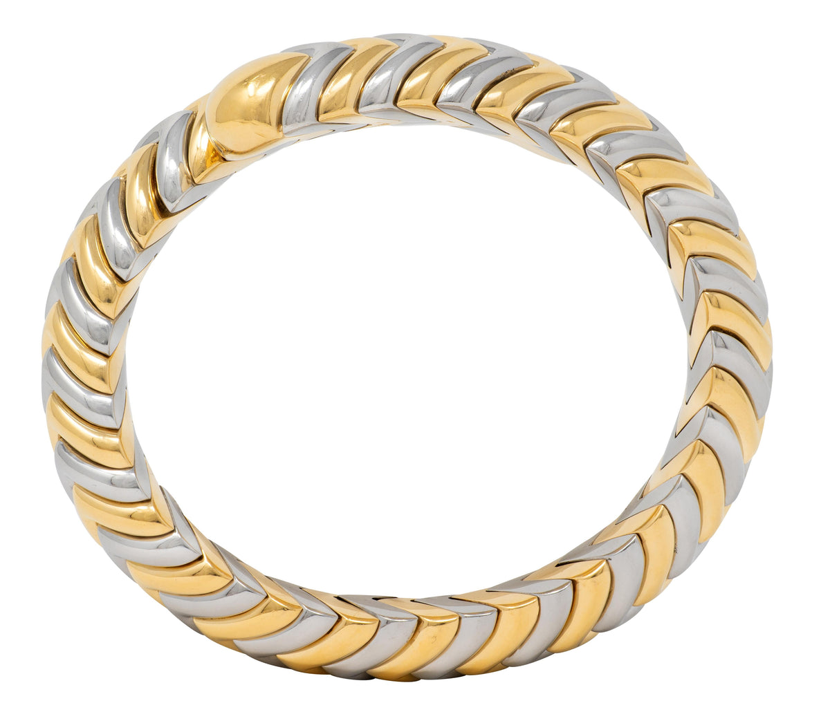 Bulgari 18K Yellow Gold Stainless Steel Spiga Chevron Vintage Bangle Bracelet