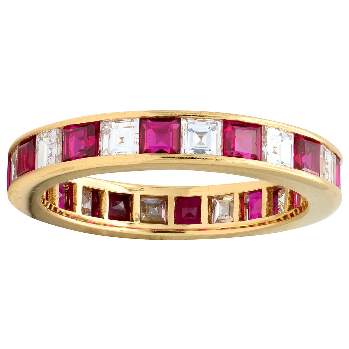 Contemporary 2.64 CTW Diamond Ruby 18 Karat Yellow Gold Channel Band Ring