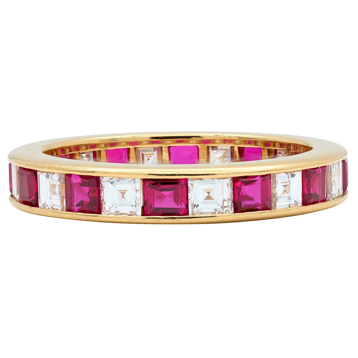 Contemporary 2.64 CTW Diamond Ruby 18 Karat Yellow Gold Channel Band Ring