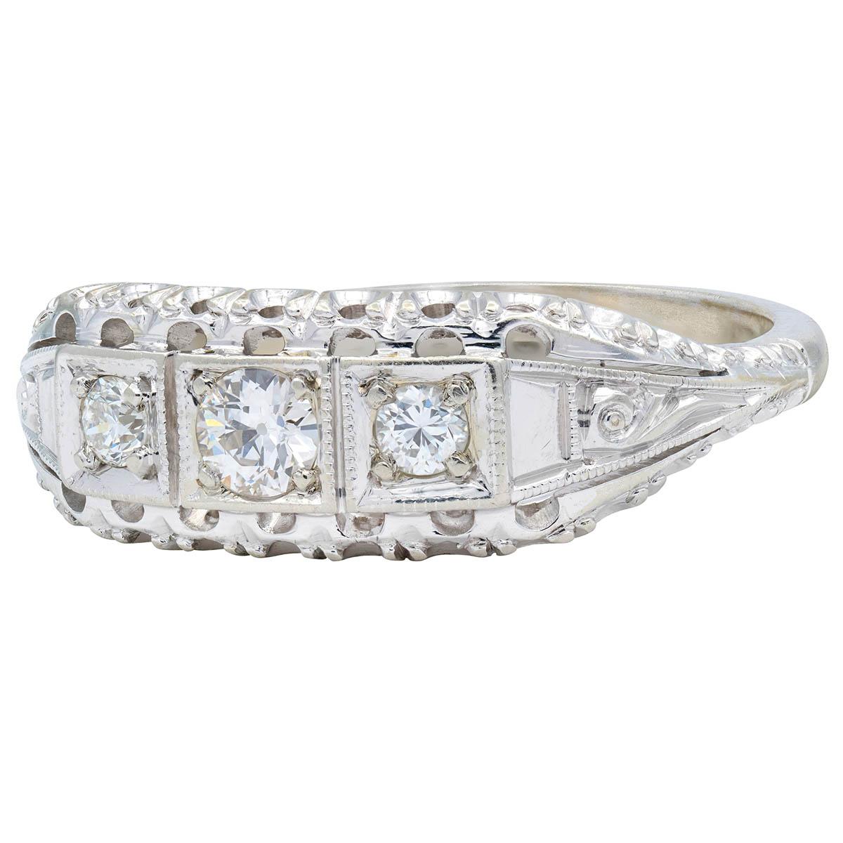 Jabel Mid-Century Diamond 18 Karat White Gold Vintage Fishtail Bombé Ring