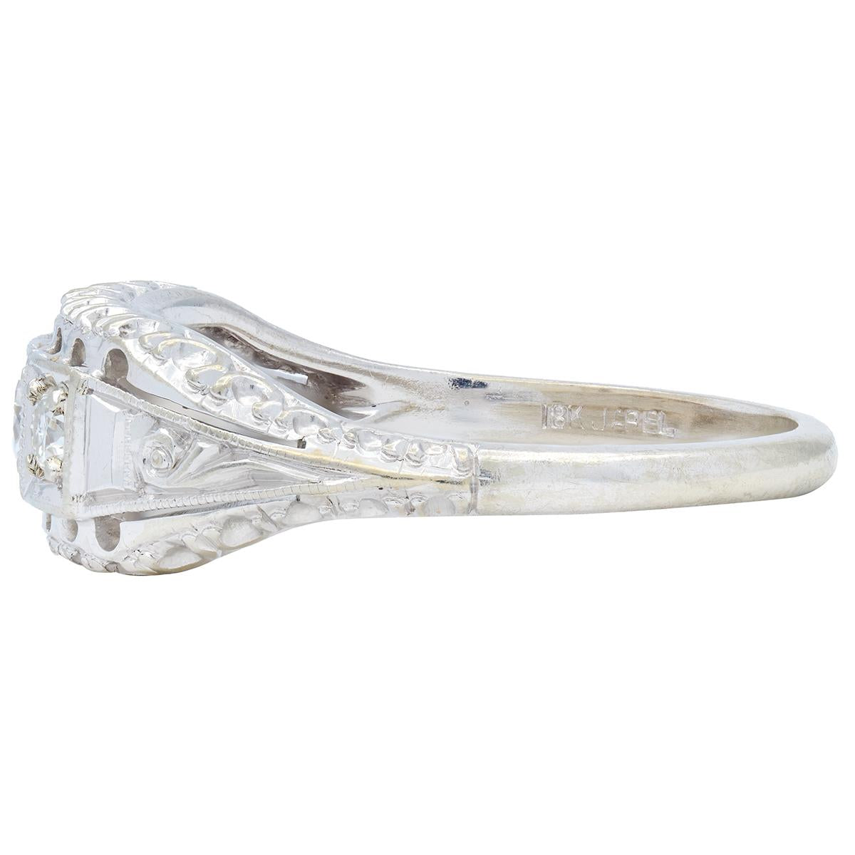 Jabel Mid-Century Diamond 18 Karat White Gold Vintage Fishtail Bombé Ring