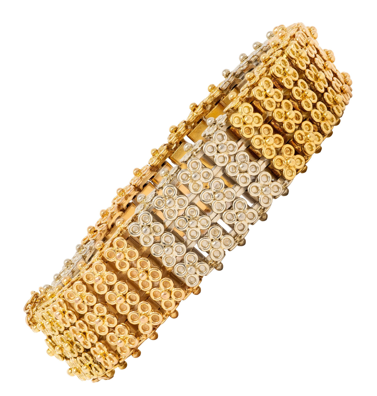 Bulgari 1970's 18 Karat Tri-Colored Gold Vintage Flower Link Bracelet