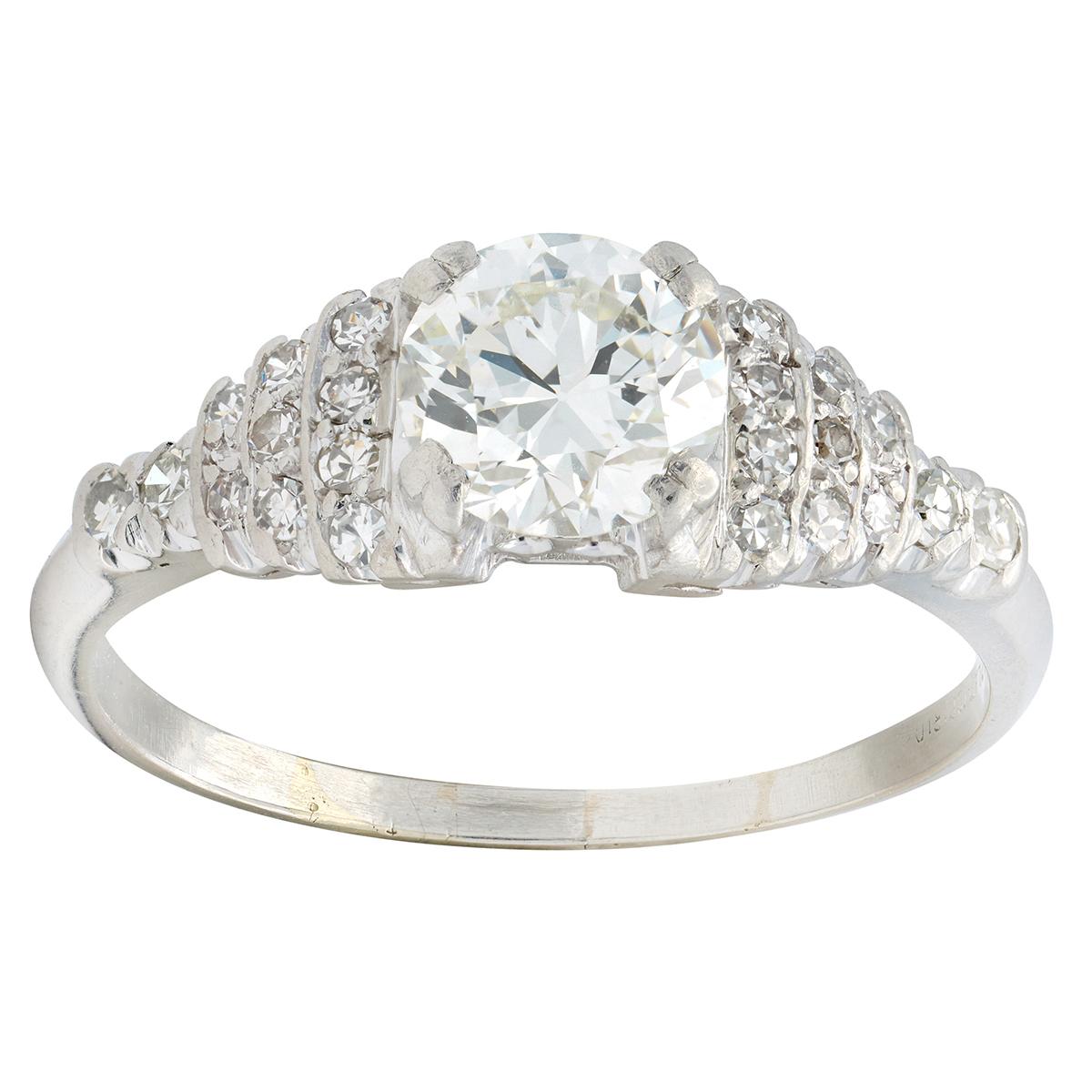 Mid-Century Old European Cut Diamond Platinum Stepped Fishtail Engagement Ring