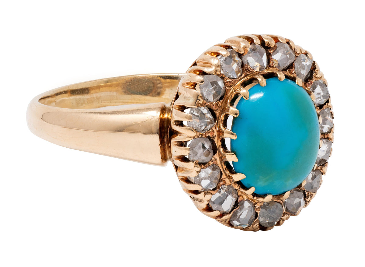 Victorian Turquoise Diamond 14 Karat Yellow Gold Antique Halo Ring