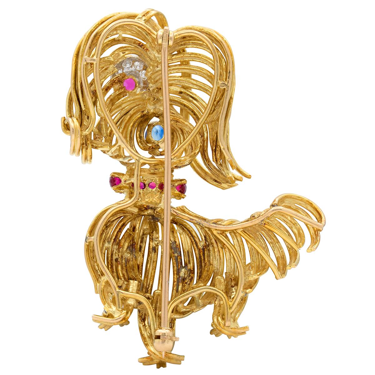 1960 Diamond Ruby Sapphire 14 Karat Yellow Gold Platinum Vintage Wire Dog Brooch
