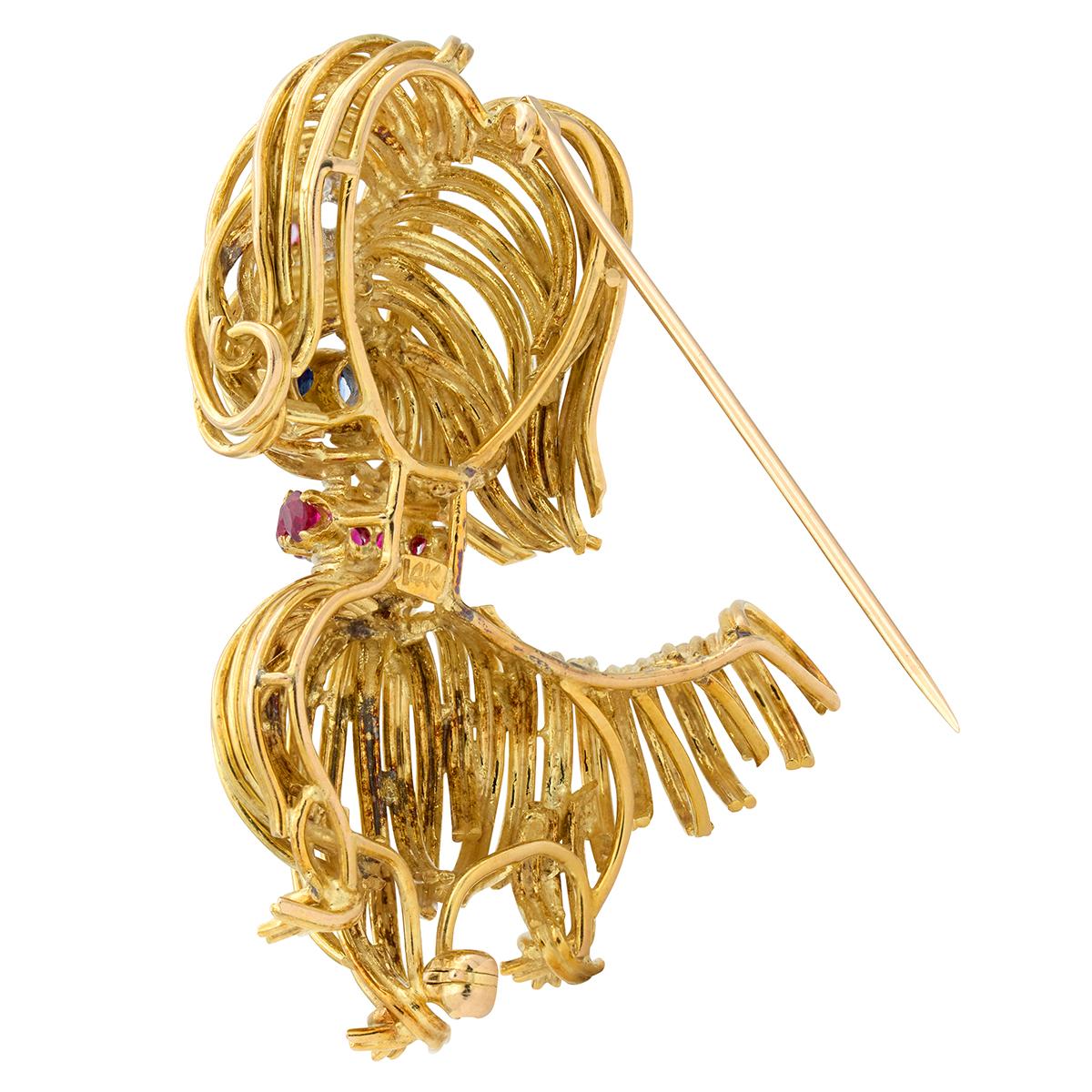 1960 Diamond Ruby Sapphire 14 Karat Yellow Gold Platinum Vintage Wire Dog Brooch