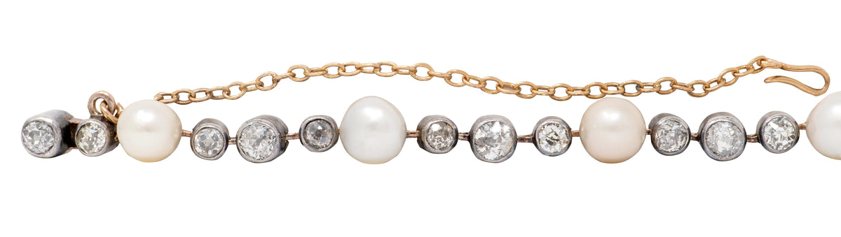 Victorian 3.14 CTW Diamond Pearl 18 Karat Rose Gold Silver Antique Line Bracelet