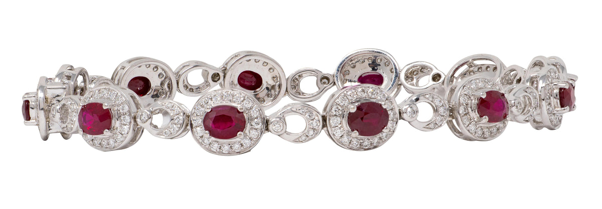 2010's 5.33 CTW Ruby Diamond 18 Karat White Gold Contemporary Halo Line Bracelet
