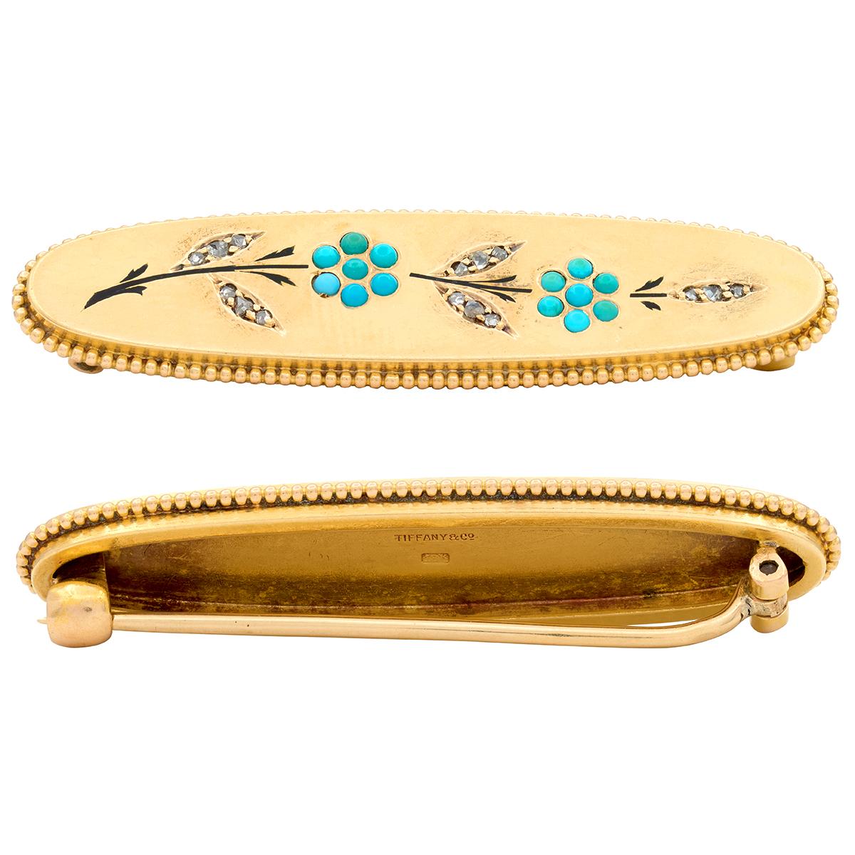 Tiffany & Co Victorian Turquoise Diamond 18K Antique Forget-Me-Not Flower Brooch