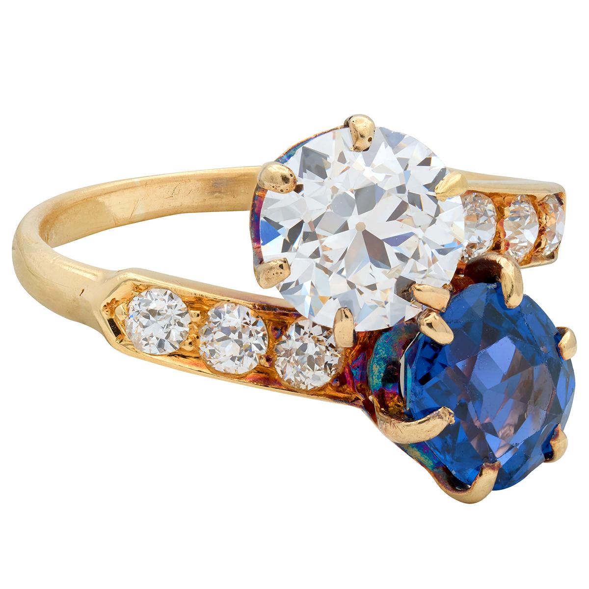 Tiffany & Co. No Heat Yogo Montana Sapphire Diamond 18K Antique Toi-Et-Moi Ring
