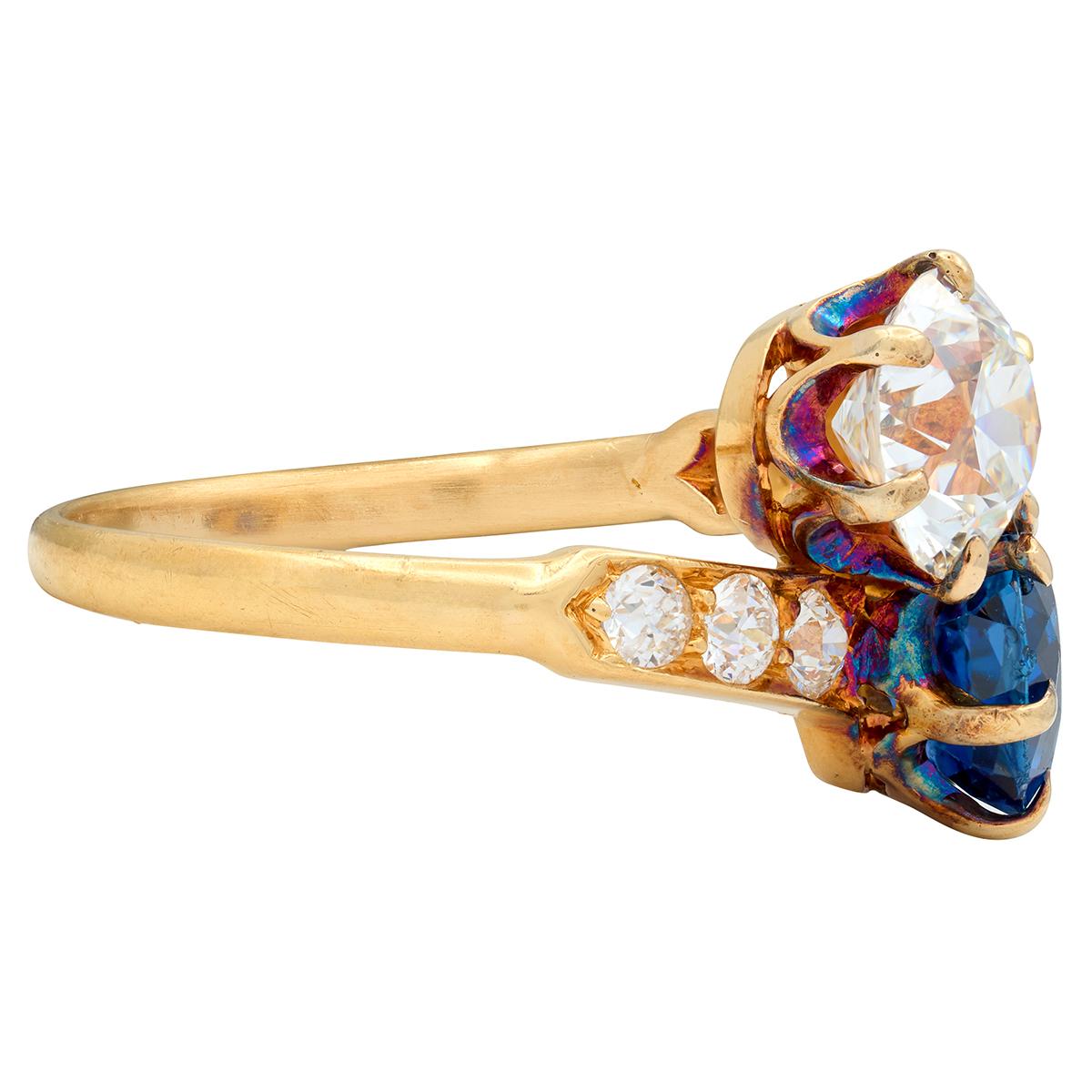 Tiffany & Co. No Heat Yogo Montana Sapphire Diamond 18K Antique Toi-Et-Moi Ring