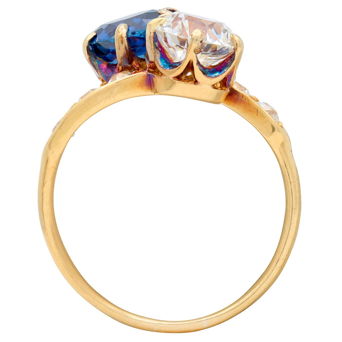 Tiffany & Co. No Heat Yogo Montana Sapphire Diamond 18K Antique Toi-Et-Moi Ring