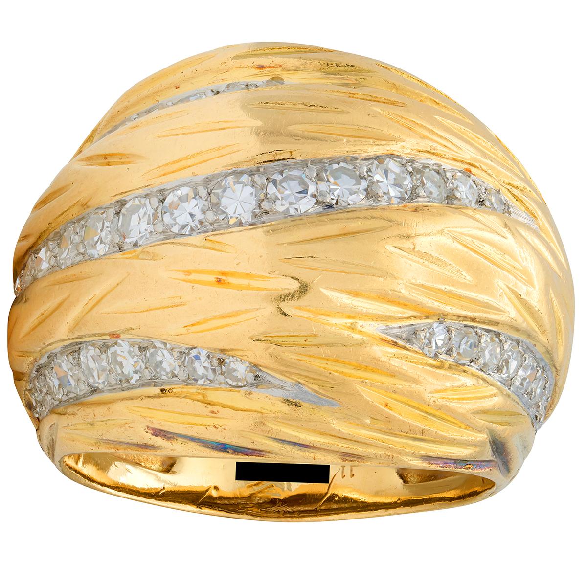 Mauboussin Paris 1960's Diamond 18 Karat Yellow Gold Platinum Vintage Dome Ring