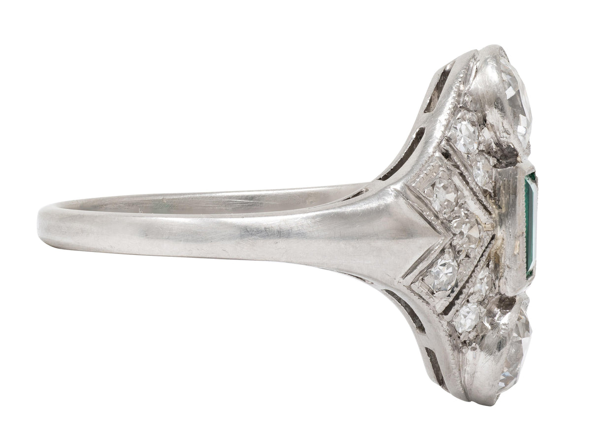 Art Deco 1.75 CTW Emerald Diamond Platinum Vintage Navette Dinner Ring