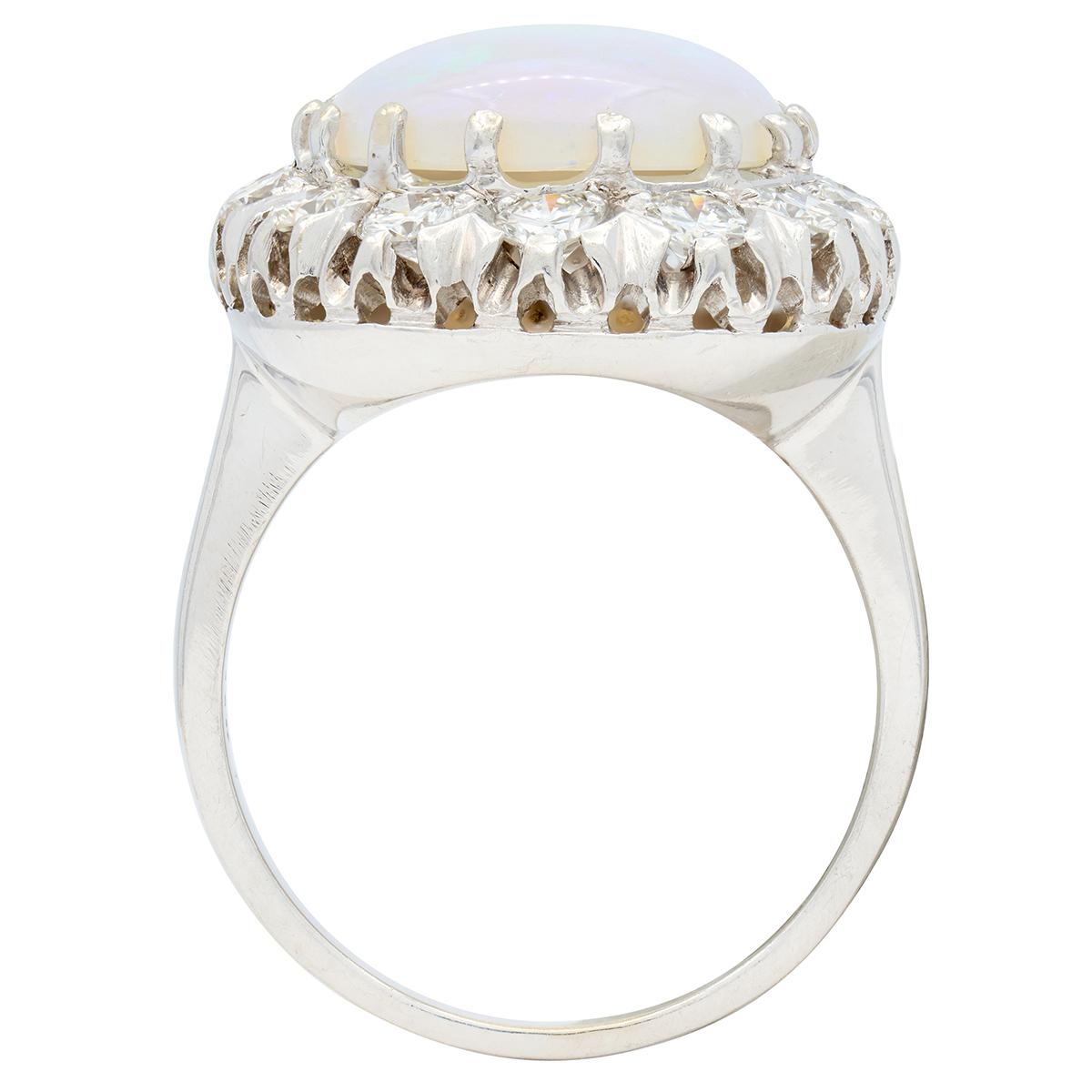 Mid-Century Jelly Opal Diamond 14 Karat White Gold Vintage Halo Ring