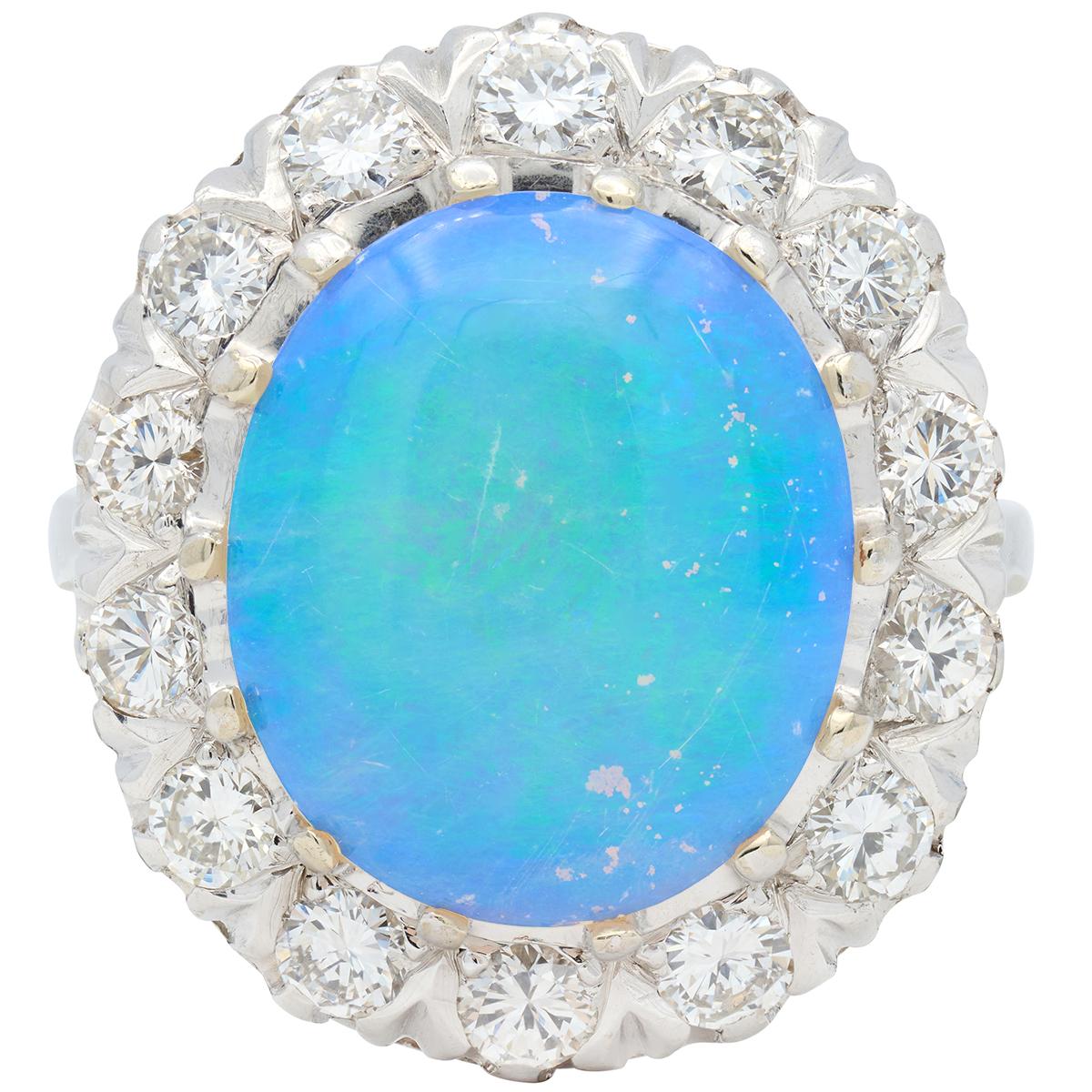 Mid-Century Jelly Opal Diamond 14 Karat White Gold Vintage Halo Ring