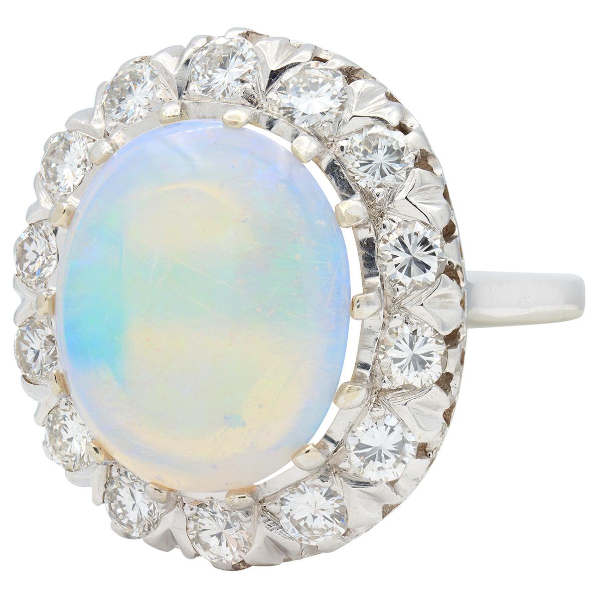 Mid-Century Jelly Opal Diamond 14 Karat White Gold Vintage Halo Ring